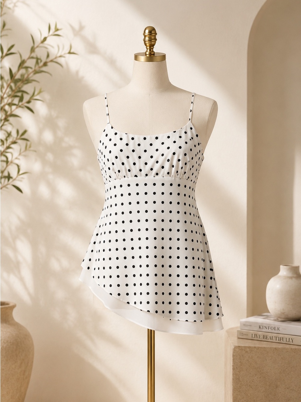 Othr White Polka Dot Spaghetti Strap Asymmetrical Cami